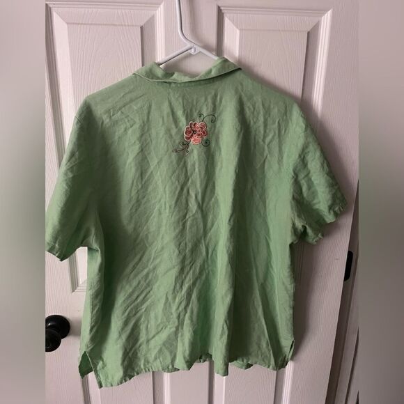 Sag Harbor Womens linen Top lime Green Button Front Short Sleeve Embroidered - Picture 5 of 5